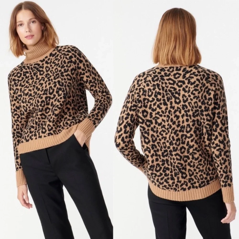 J. Crew Alpaca Merino Wool Tan Black Leopard Print Turtleneck Sweater - Picture 1 of 7